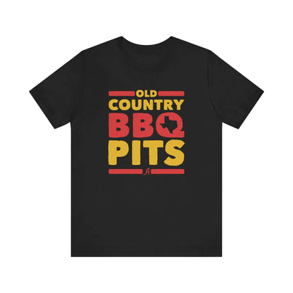 Black retro BBQ graphic T-shirt with 'Old Country BBQ Pits' logo centered front