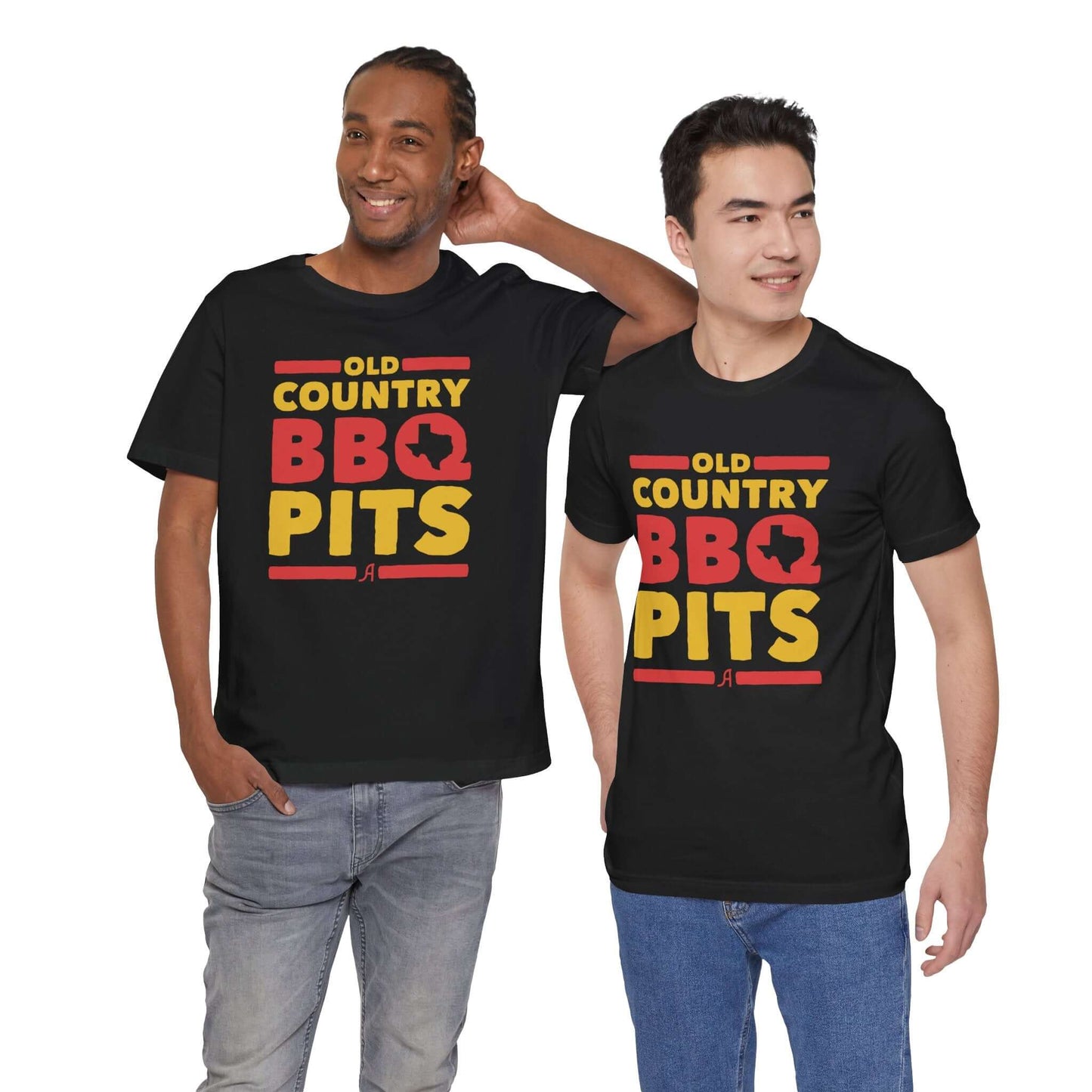 Black retro BBQ graphic T-shirt pair with 'Old Country BBQ Pits' front logos