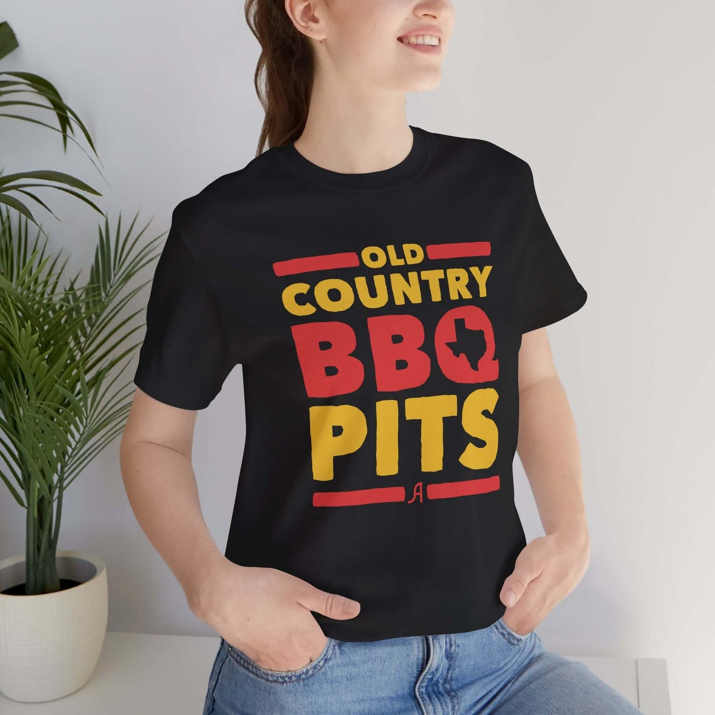 Black retro BBQ graphic T-shirt with 'Old Country BBQ Pits' logo centered front