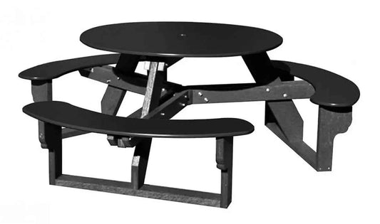 Outdoor open round table with benches, black tabletop and black bench seats on metal base