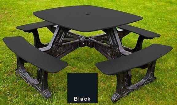Outdoor bistro dining table with 4 benches, black top and seats, black base