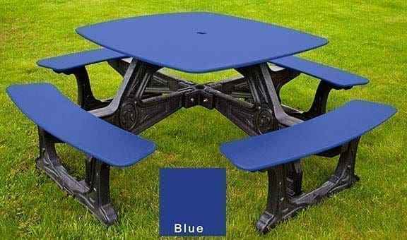 Outdoor bistro dining table with 4 benches, blue top and seats, black base