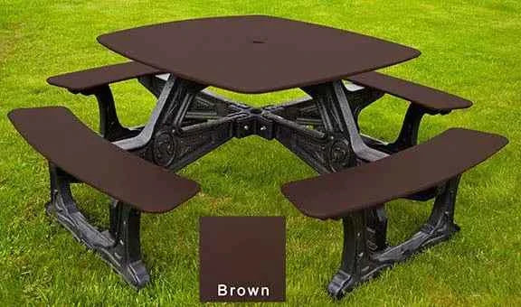 Outdoor bistro dining table with 4 benches, brown top and seats, black base