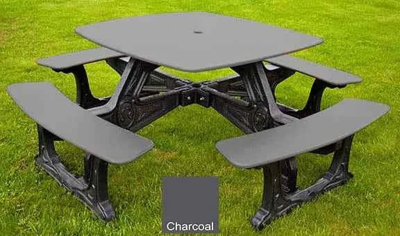 Outdoor bistro dining table with 4 benches, charcoal top and seats, black base