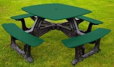 Outdoor bistro dining table with 4 benches, forest green top and seats, black base