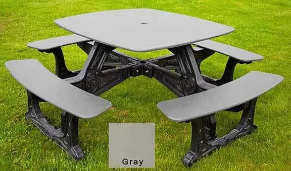 Outdoor bistro dining table with 4 benches, gray top and seats, black base