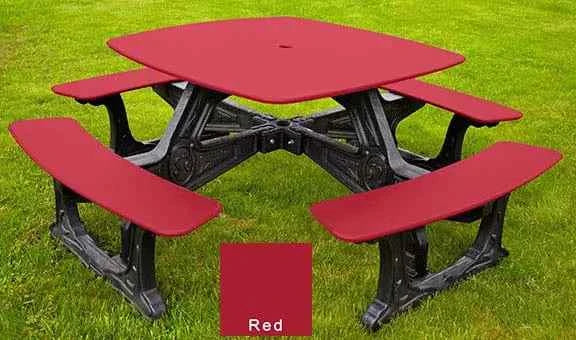 Outdoor bistro dining table with 4 benches, red top and seats, black base