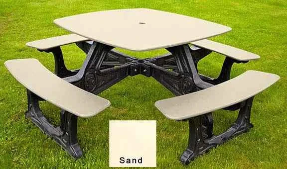 Outdoor bistro dining table with 4 benches, sand top and seats, black base