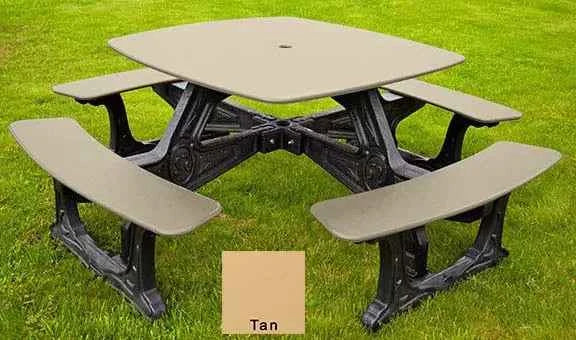 Outdoor bistro dining table with 4 benches, tan top and seats, black base