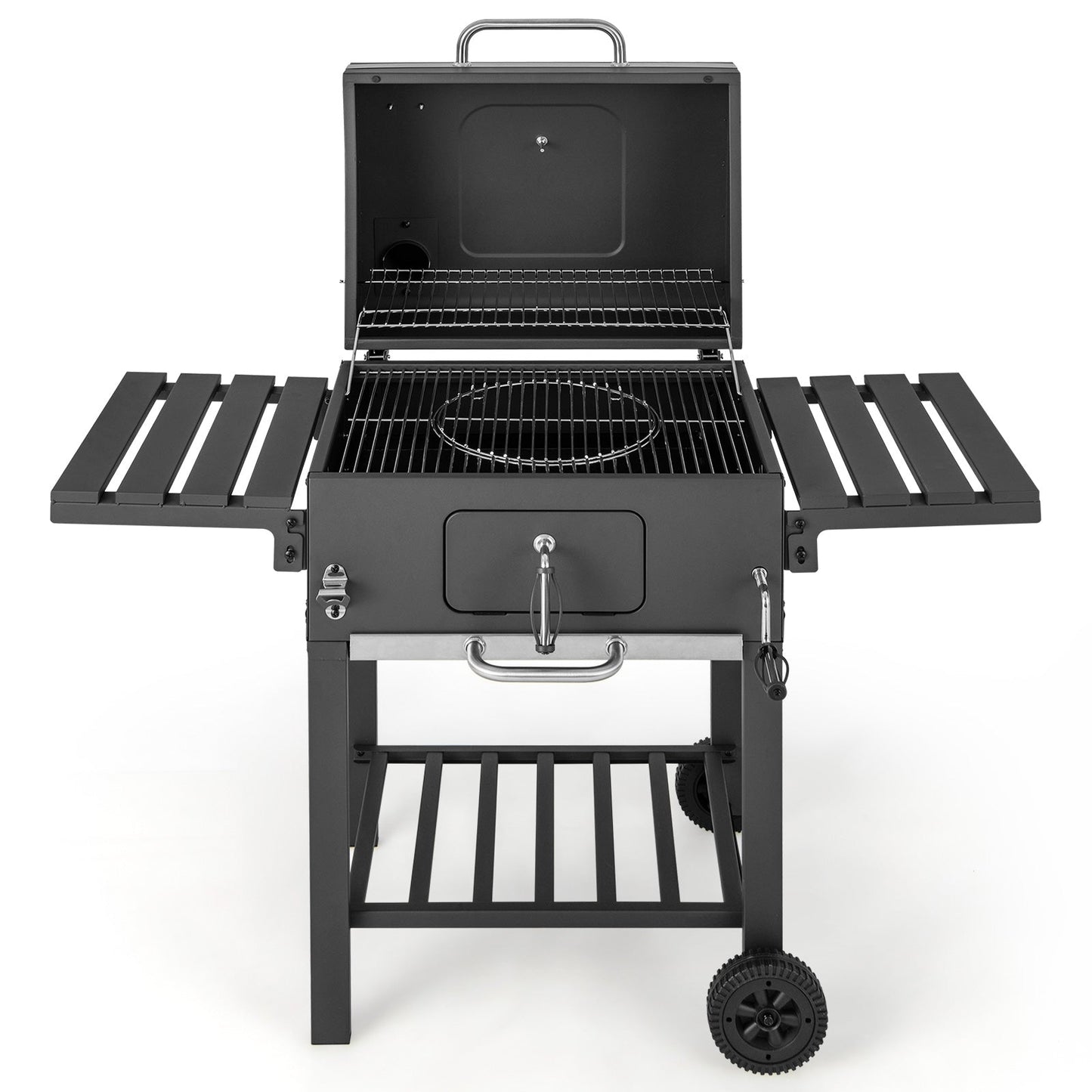 Open-lid charcoal grill with wire cooking grates and foldable side tables on wheels