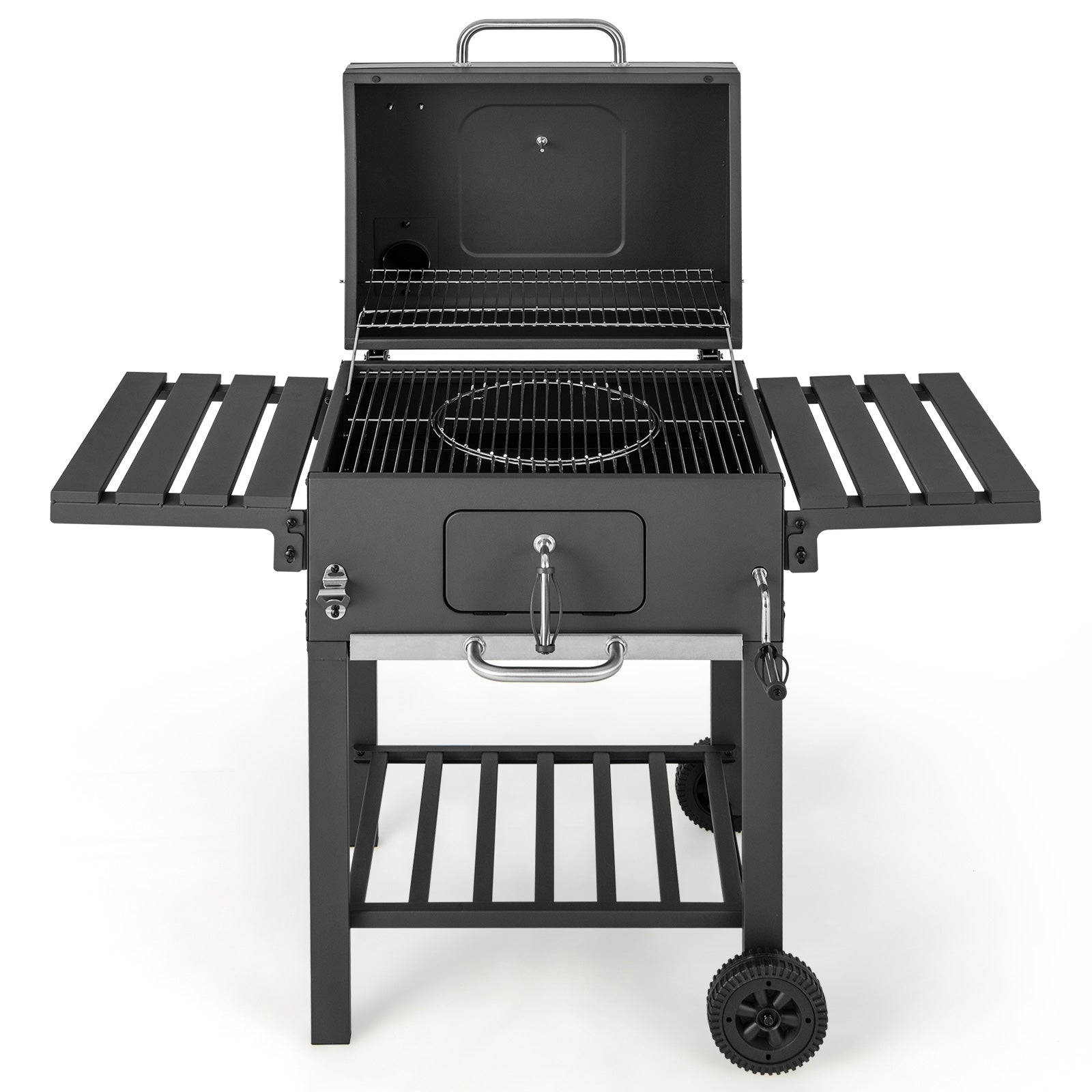 Open-lid charcoal grill with wire cooking grates and foldable side tables on wheels