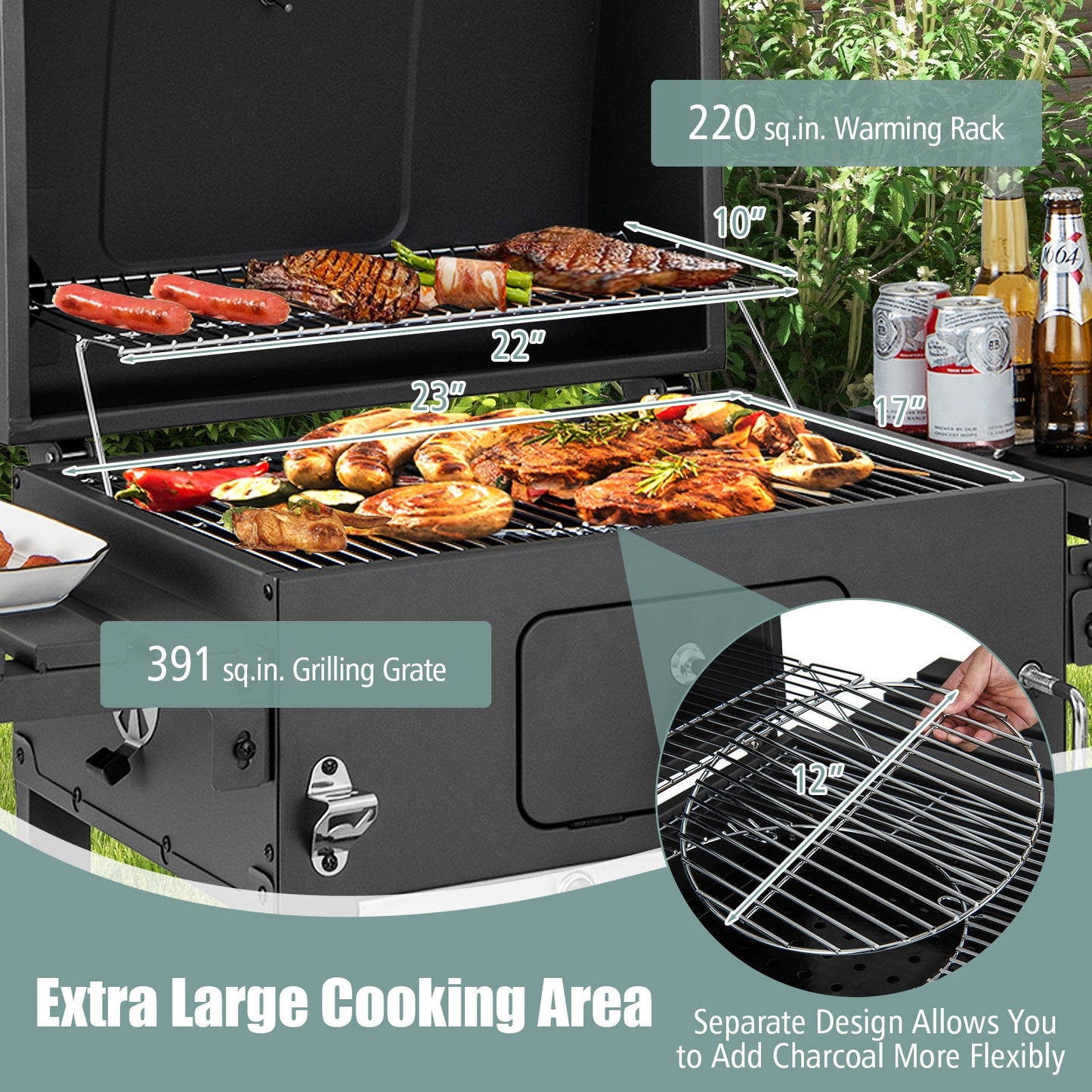 Charcoal grill with warming rack and two cooking grates holding grilled food