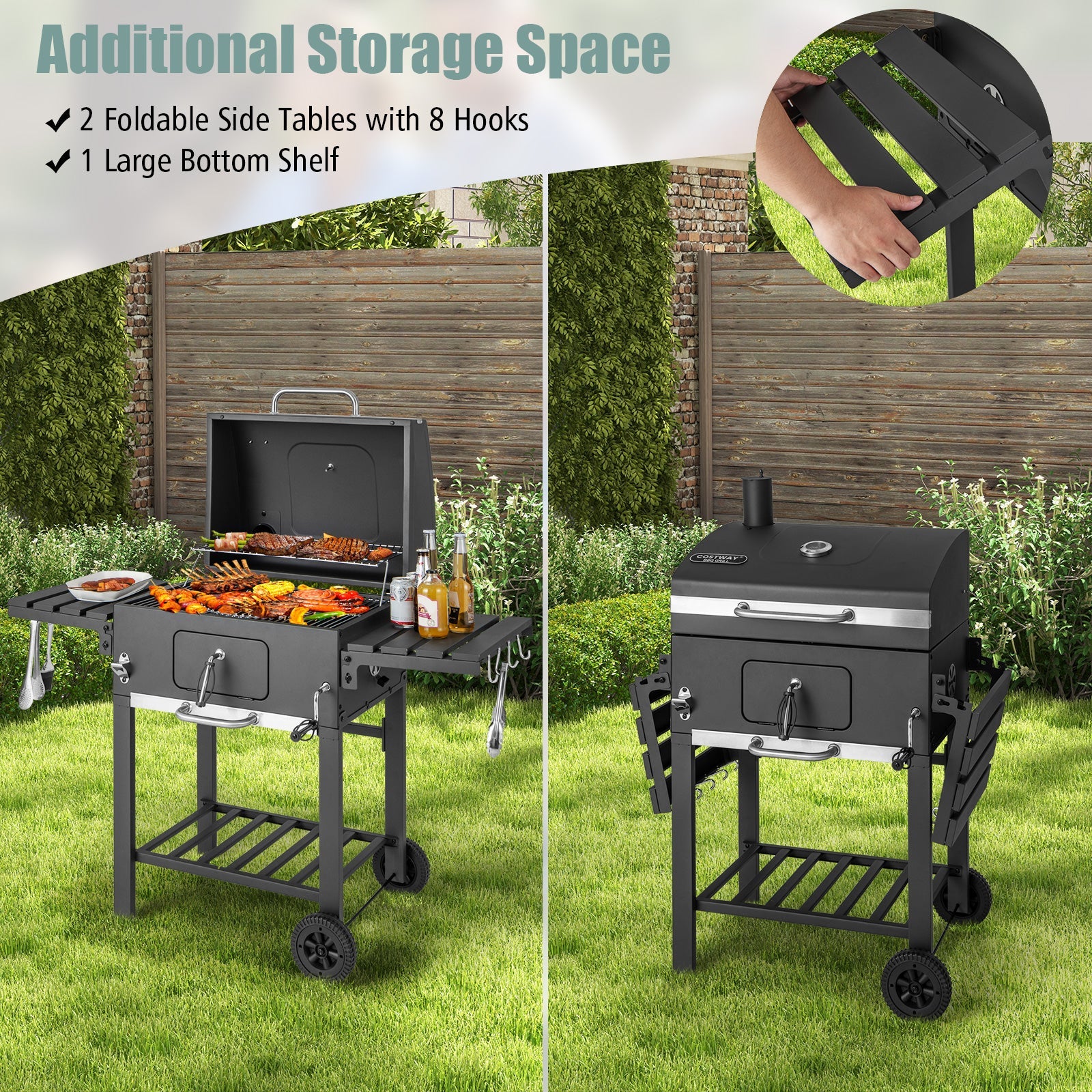 Charcoal grill with 2 foldable side tables, hooks, and large bottom shelf