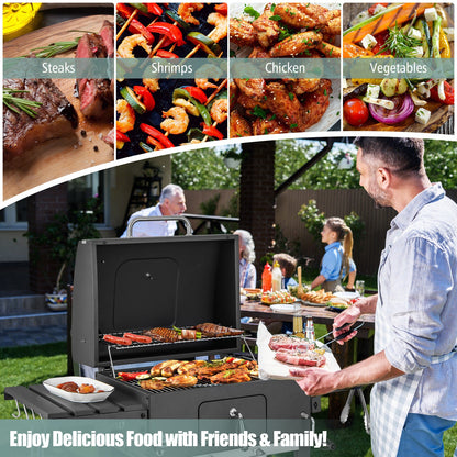 Outdoor charcoal grill on wheels with open lid and cooked food on the grates