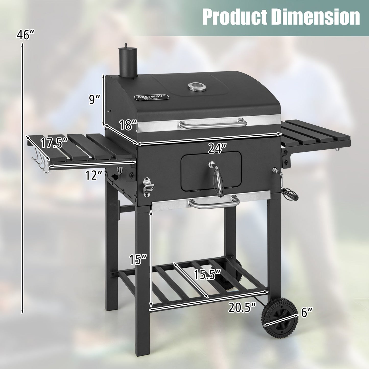 Charcoal grill with closed lid, foldable side tables, and lower shelf on wheels
