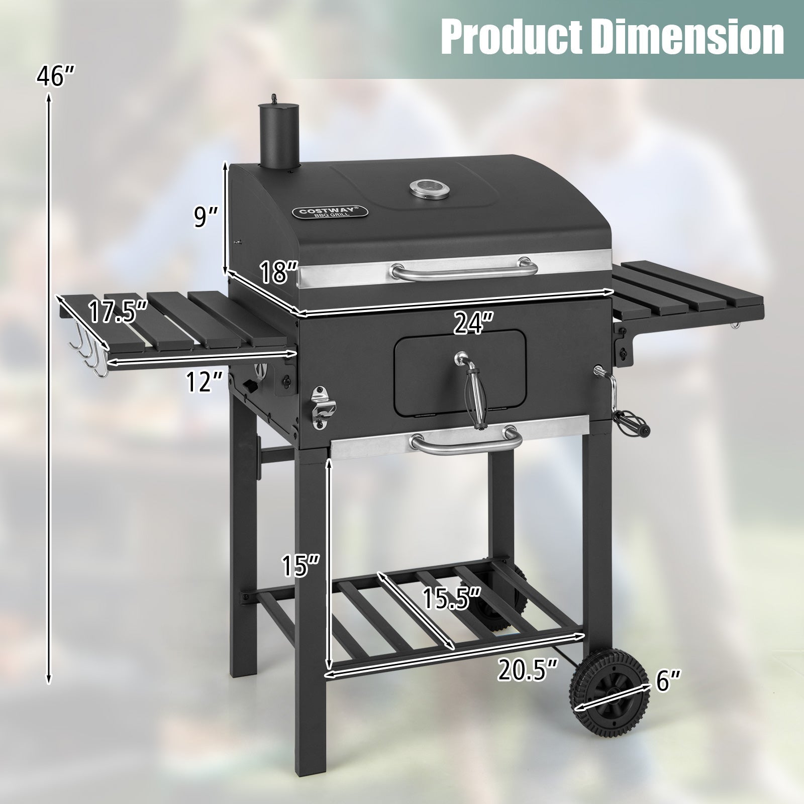 Charcoal grill with closed lid, foldable side tables, and lower shelf on wheels