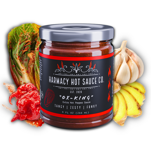 Extra hot kimchi pepper sauce jar with red label and metal lid