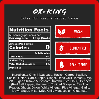 Oktober King extra hot kimchi pepper sauce label, vegan, gluten-free, peanut-free