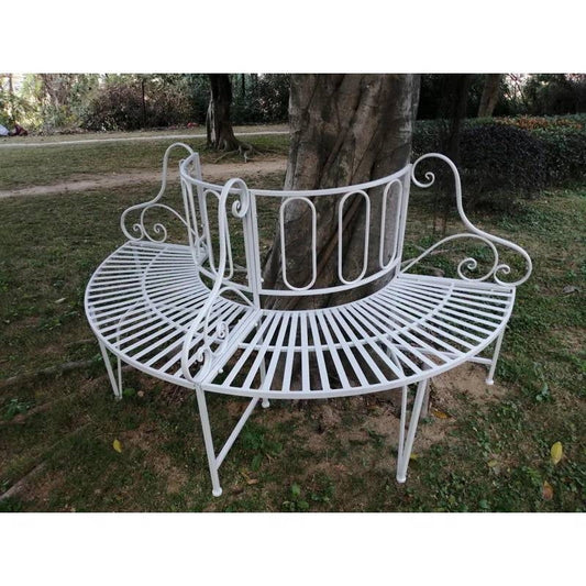 White half-circle metal tree bench with curved back slats and scroll armrests