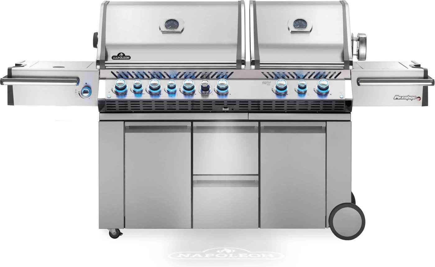 Stainless steel gas grill with front control knobs, side shelf, and double hoods