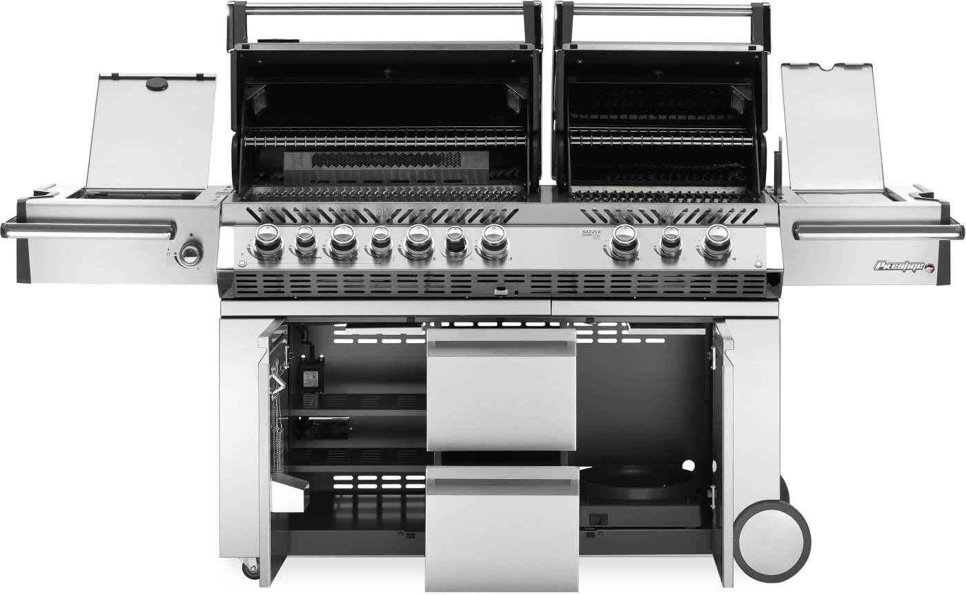 Open stainless steel gas grill with cooking grates and side control area