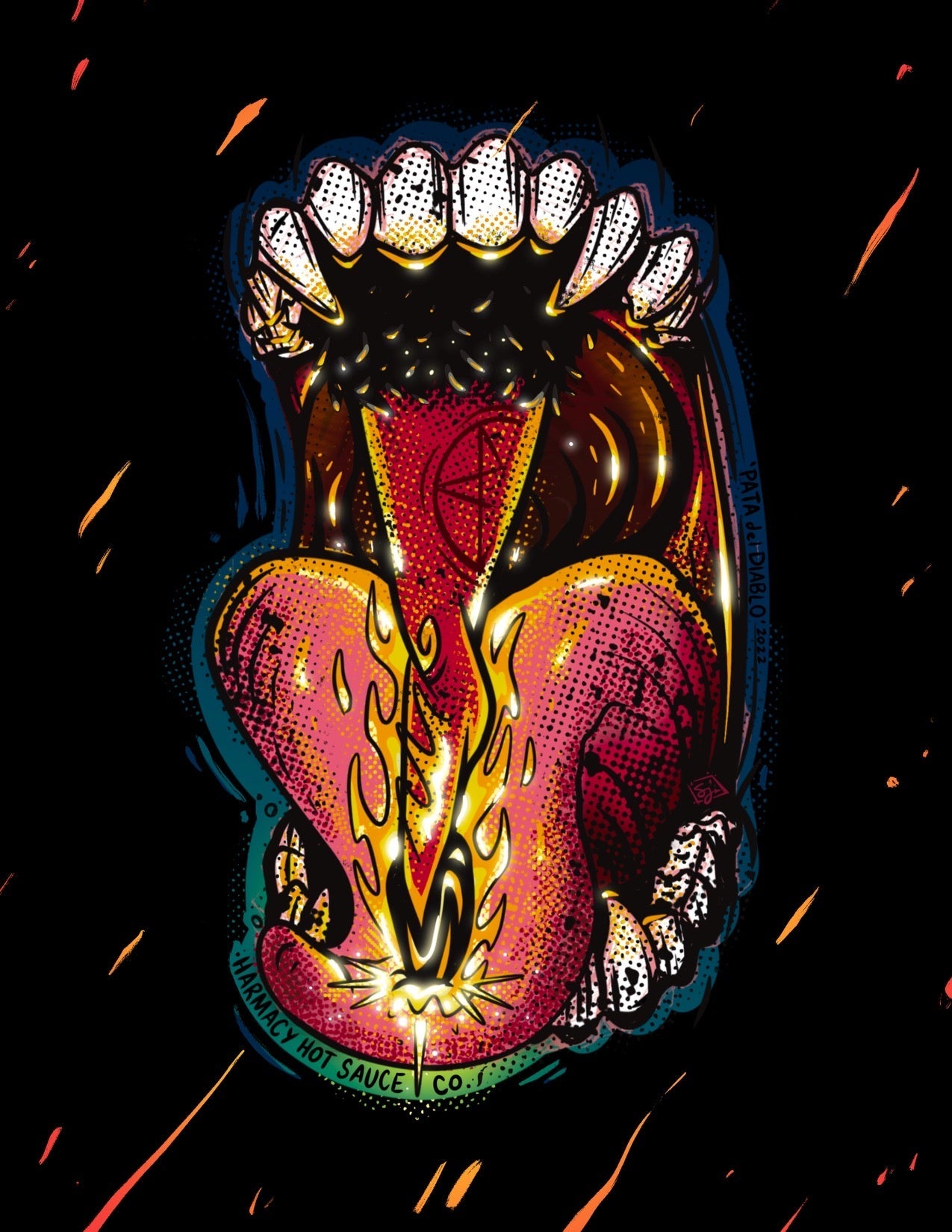 Hot sauce logo illustration with fiery hands and face, flames and sparks.