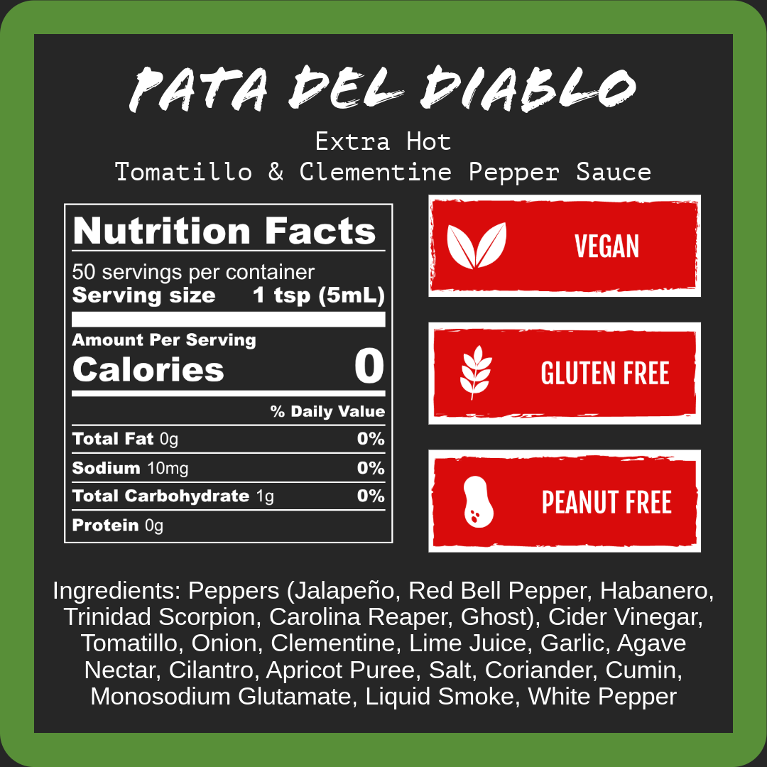 Pepper sauce label: Pata del Diablo extra hot tomatillo and clementine, nutrition facts