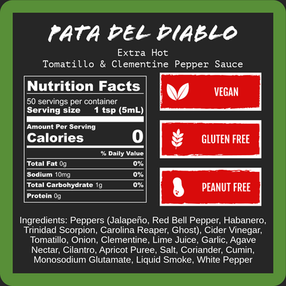 Tomatillo & Clementine pepper sauce nutrition label with vegan, gluten free tags.