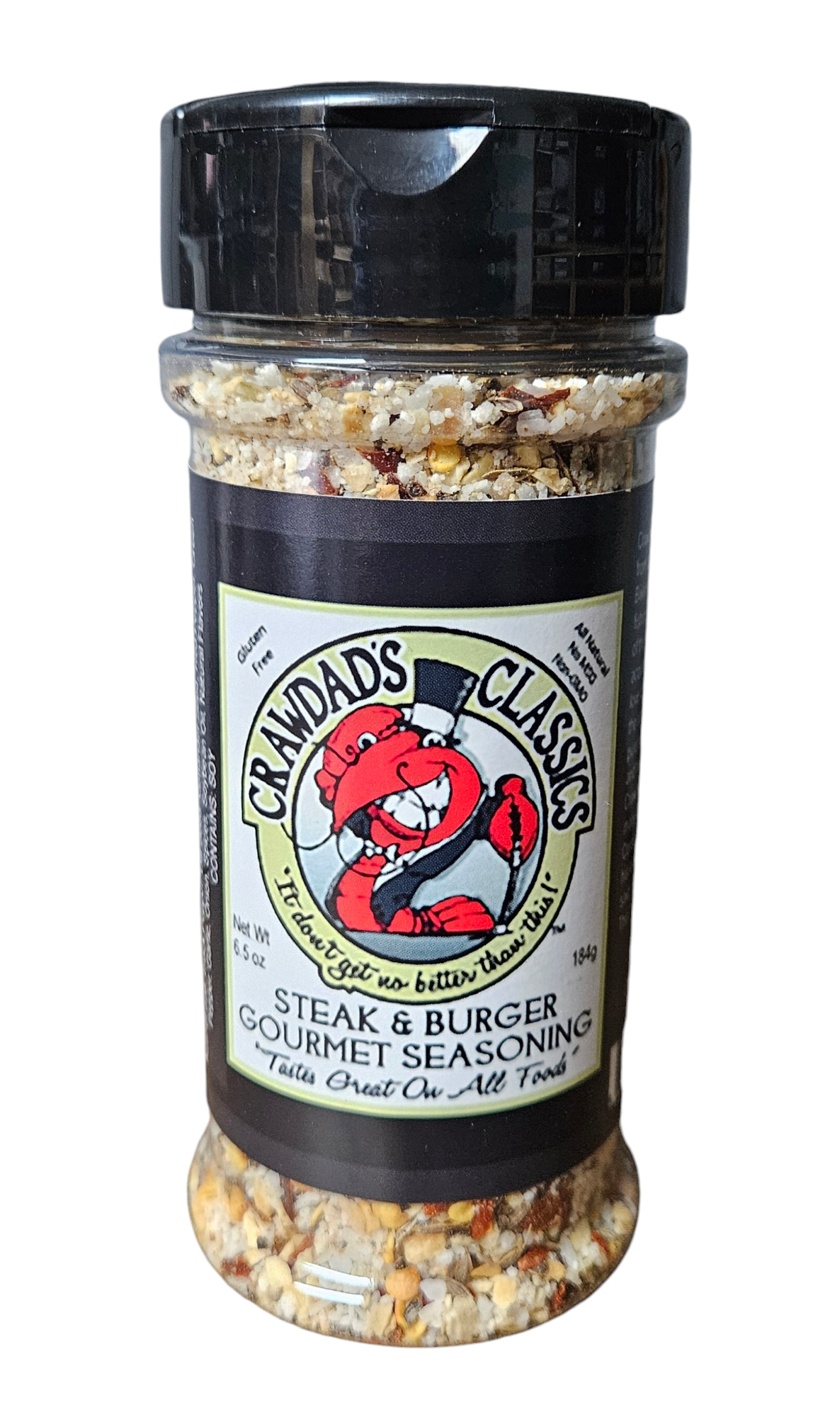 Steak & burger gourmet seasoning jar with black lid and speckled light-brown spice.