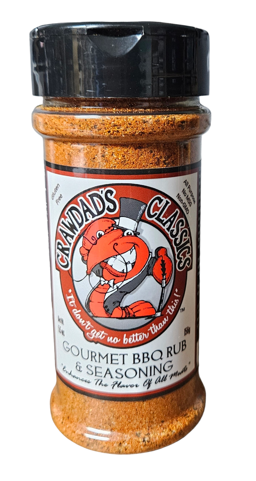 Crawdad’s Classics gourmet BBQ rub seasoning jar with black lid