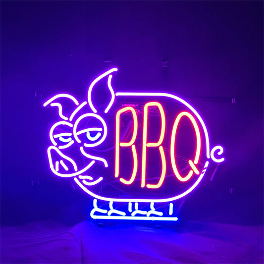 Neon pig BBQ sign with bright pink “BBQ” letters and white flame outline