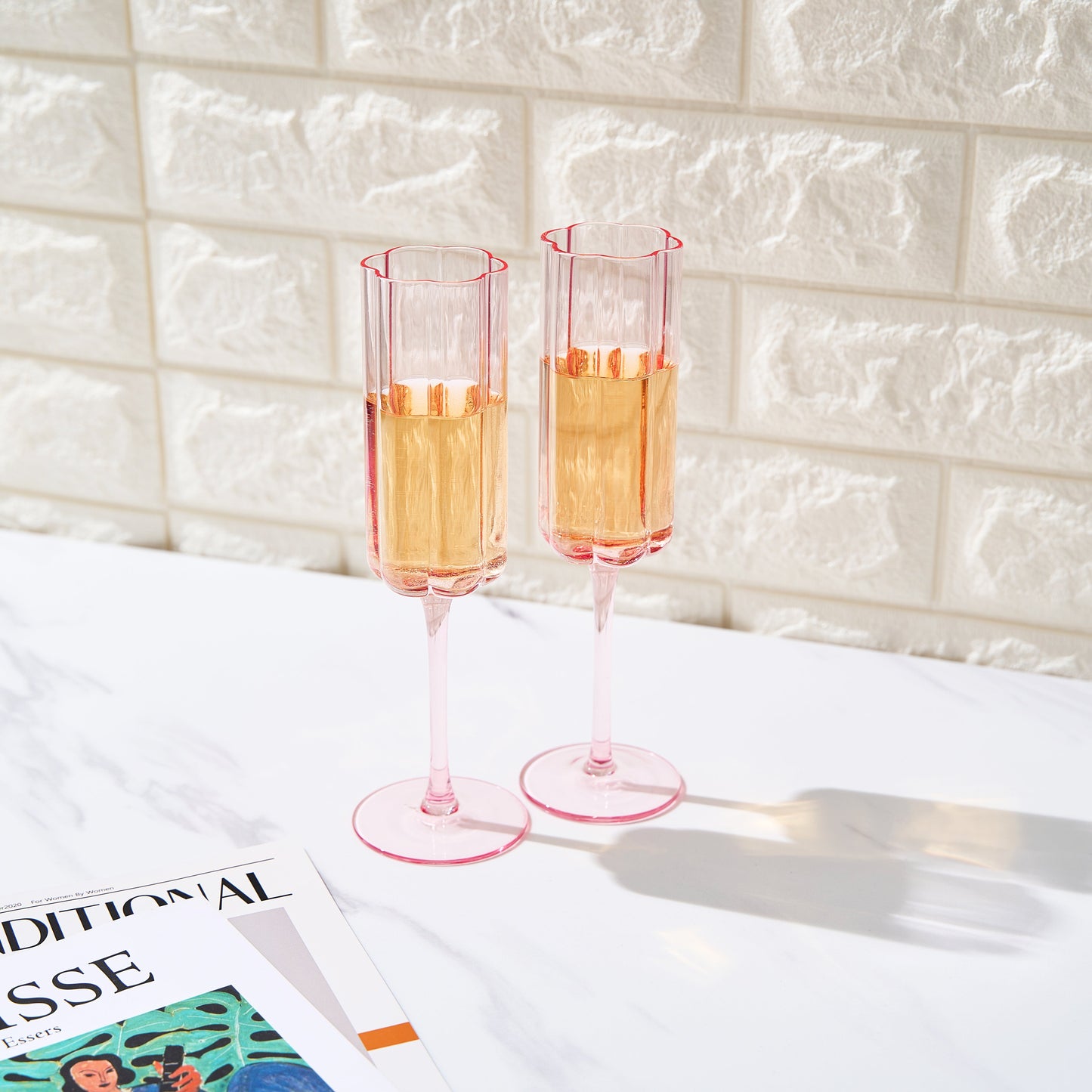 Flower Champagne Flute Glassware, Set of 2