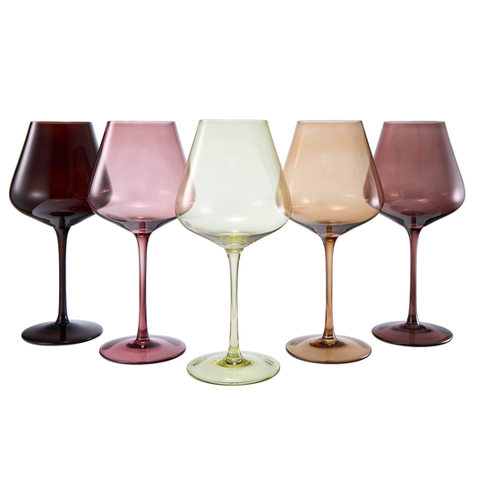 Stemmed wine glass set of 5 in dark, pink, pale green, amber, and mauve tones.
