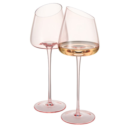 Rose-pink stemmed wine glasses, clear bowl with round bases, set of 2