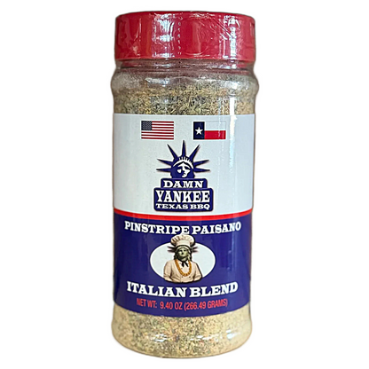 BBQ rub bottle, Pinstripe Paisano Italian Blend, red cap and blue label