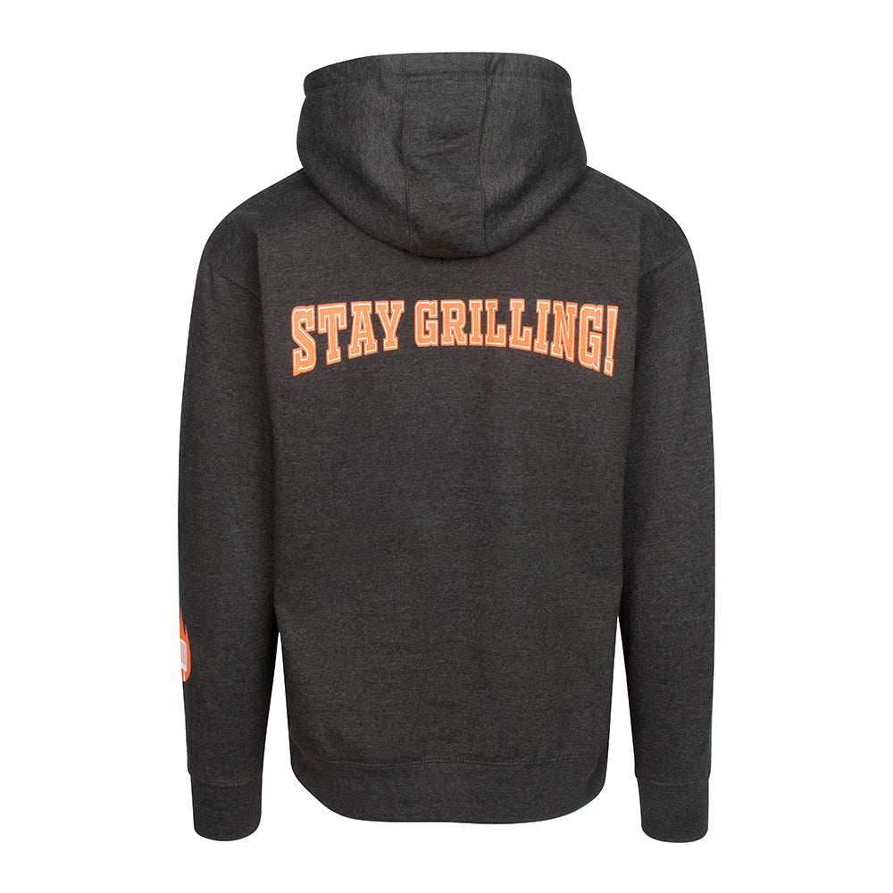 Charcoal grey hoodie back showing 'STAY GRILLING!' graphic across upper back