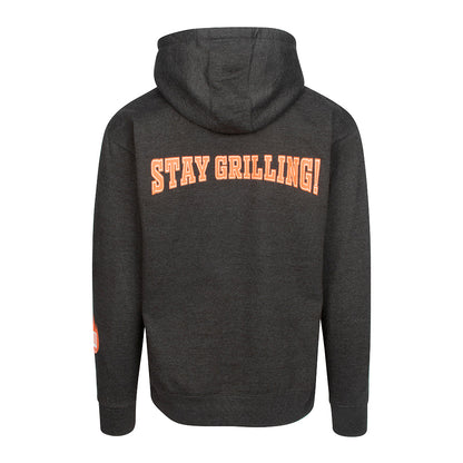 Charcoal grey hoodie back showing 'STAY GRILLING!' graphic across upper back