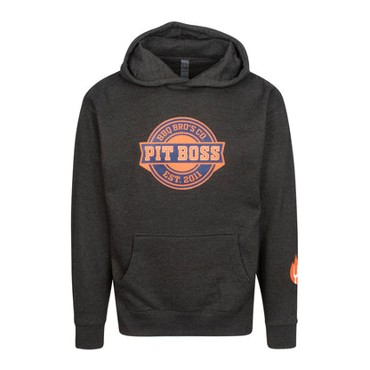 Charcoal grey hoodie front with orange Pit Boss EST. 2011 emblem and side sleeve print