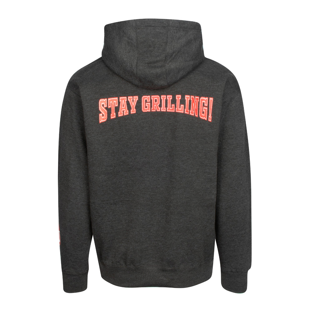 Charcoal grey hoodie back with 'STAY GRILLING!' orange-red neon text