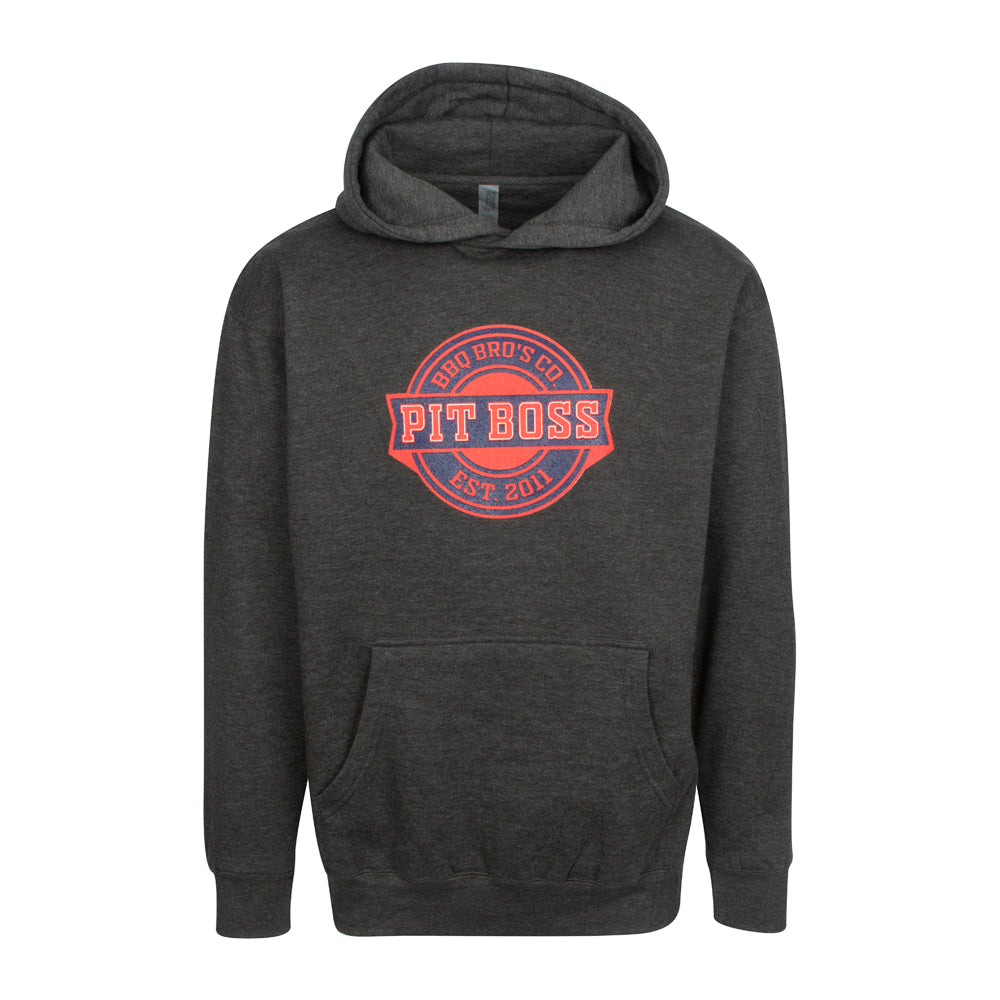 Charcoal grey hoodie pullover with red Pit Boss logo and front kangaroo pocket