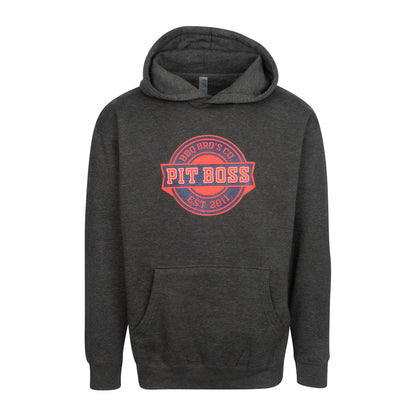 Charcoal grey hoodie pullover with red Pit Boss logo and front kangaroo pocket