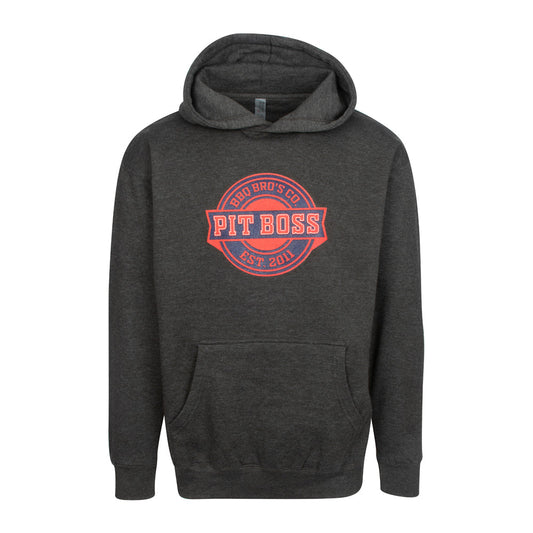 Charcoal grey hoodie pullover with red Pit Boss logo and front kangaroo pocket