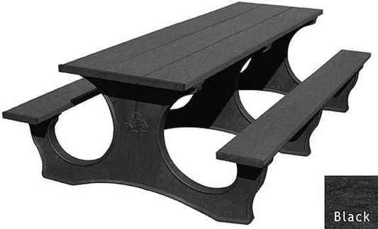 ADA-friendly picnic table with dark slatted tabletop, built-in bench seating, and circular cutouts