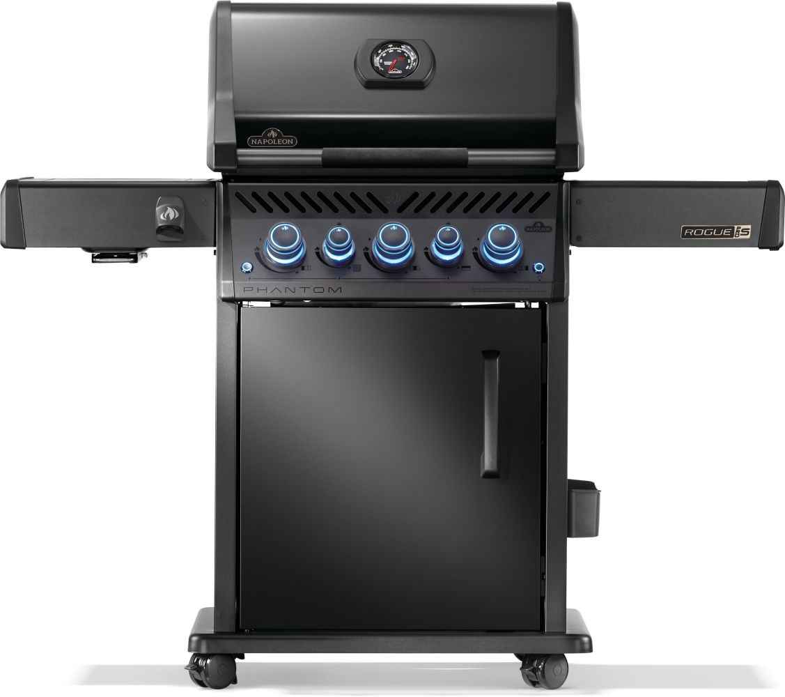Black Napoleon gas grill with blue control knobs, side shelves, and closed cabinet door