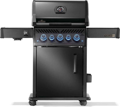Black Napoleon gas grill with blue control knobs, side shelves, and closed cabinet door
