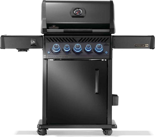 Black Napoleon gas grill with blue control knobs, side shelves, and closed cabinet door