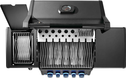 Open black gas grill showing rear infrared style heater box, burner tubes, and stainless grates