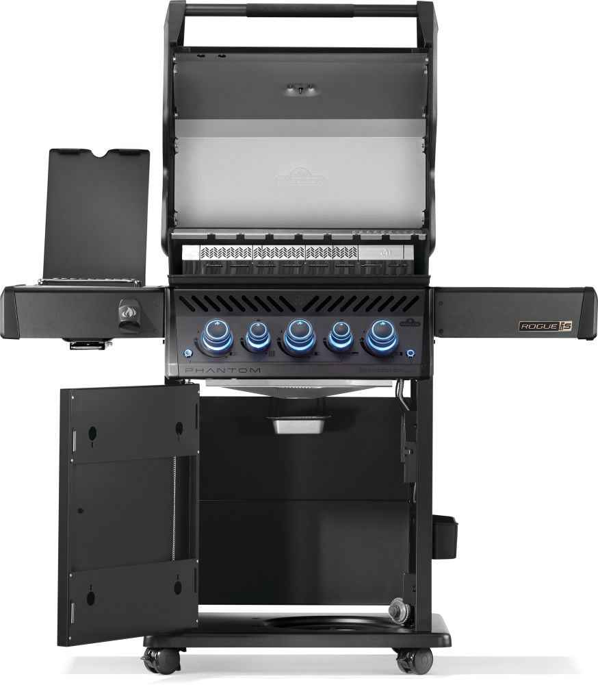 Open black gas grill showing inside hood, warming area, and main burner grates