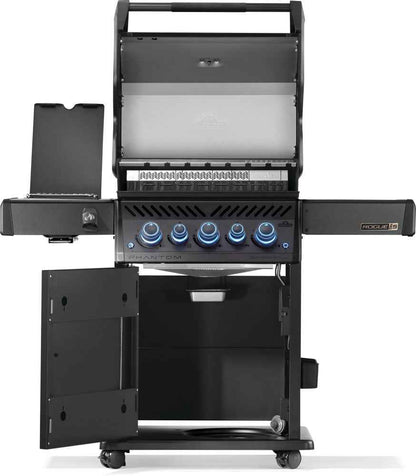 Open black gas grill showing inside hood, warming area, and main burner grates