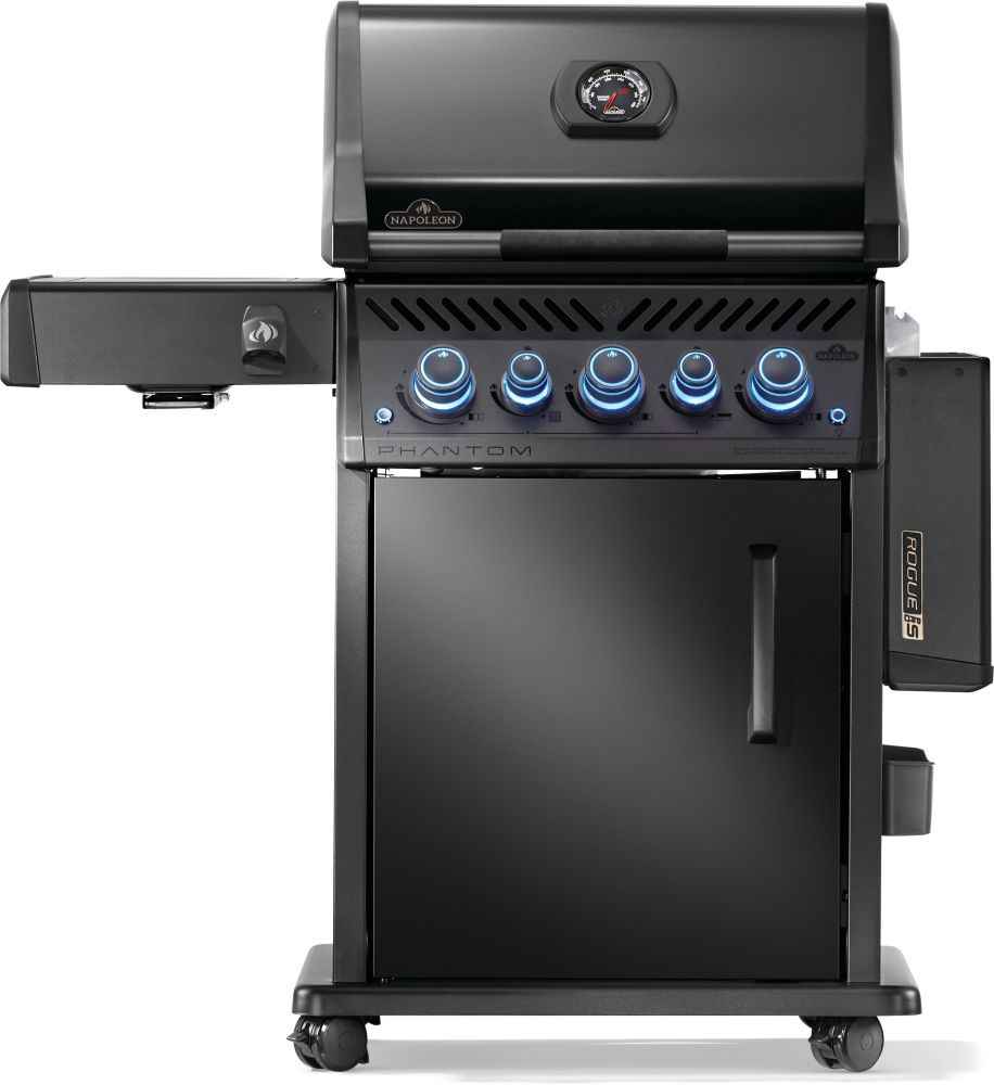 Black Napoleon gas grill with blue control knobs, temperature gauge on hood, and side shelves
